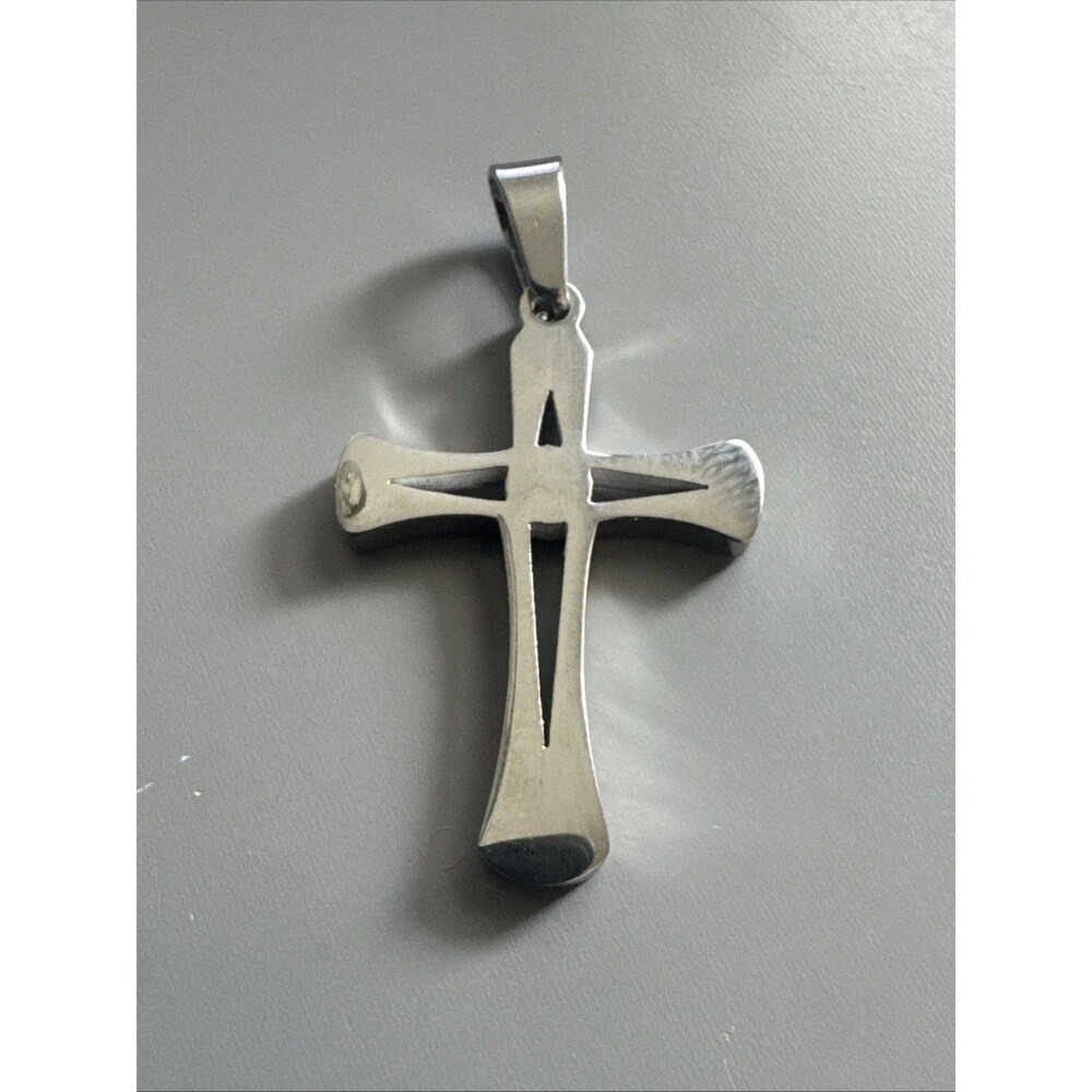 Stainless Steel Cross Pendant Scripture Silver Plated 24 Inch Chain Religious